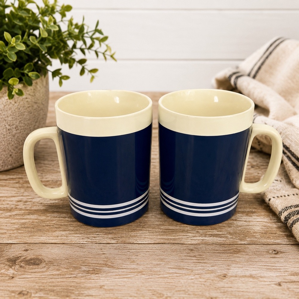 Vintage Thermo-Serv Insulated Plastic Mugs Navy Blue White Stripes Set of 2 USA